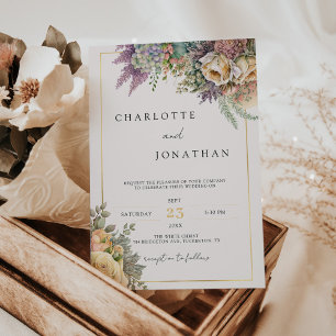 Bohemian Whimsical Wildflowers & Gold Wedding Invitation