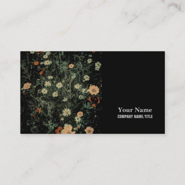 bohemian white daisy wildflower black floral business card (Front)