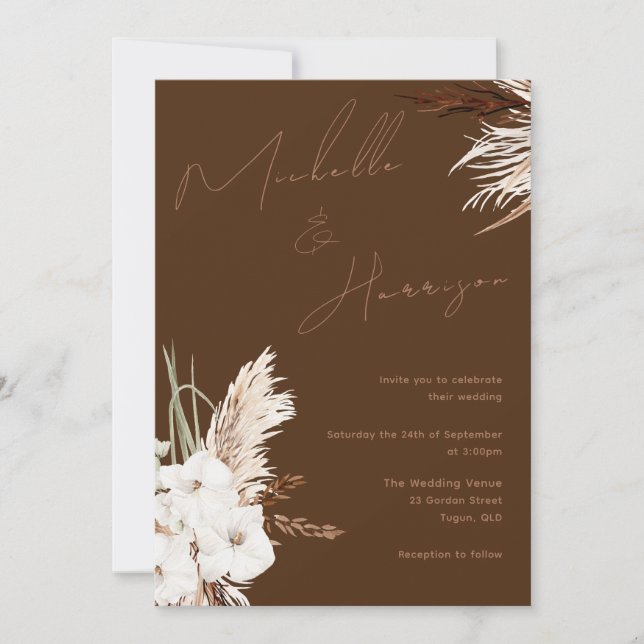 Bohemian White Floral Modern Spring/Fall Wedding Invitation (Front)
