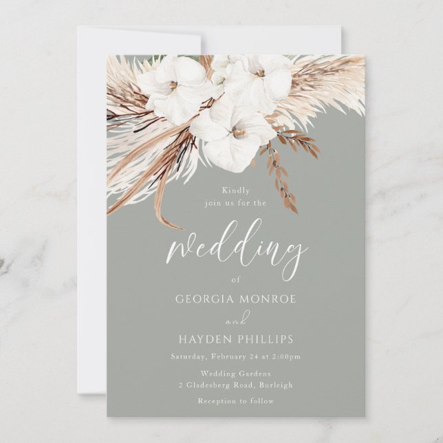Bohemian White Flowers Sage Green Wedding Invitation (Front)