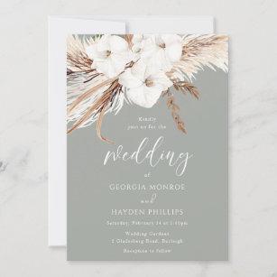 Bohemian White Flowers Sage Green Wedding Invitation