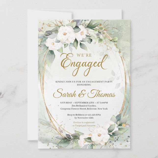 Bohemian White roses eucalyptus gold oval frame Invitation (Front)