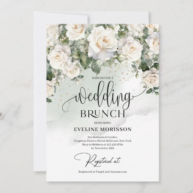 Bohemian white roses eucalyptus wedding brunch invitation (Front)