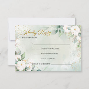 Bohemian white roses greenery eucalyptus gold RSVP card