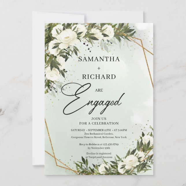 Bohemian White roses olive greenery gold frame  Invitation (Front)