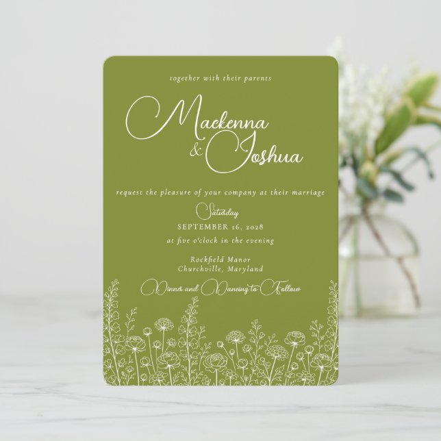 Bohemian Wild Flower Line Floral Monogram  Invitation (Standing Front)