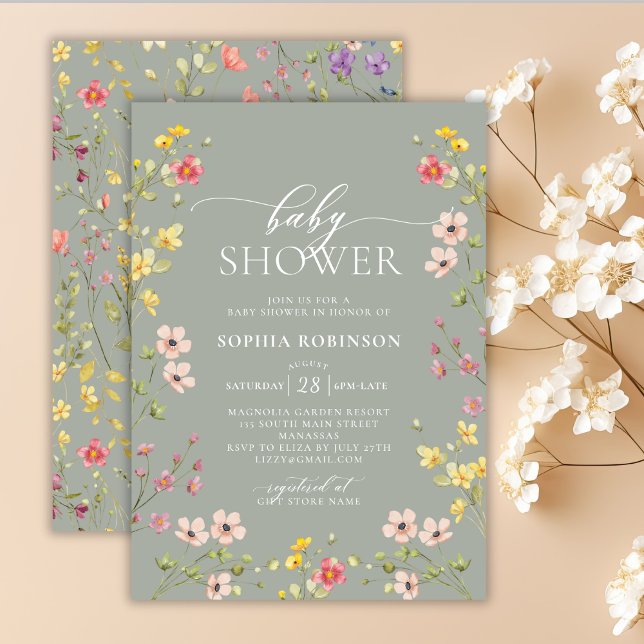 Bohemian Wildflower Girl Green Baby Shower  Invitation (Creator Uploaded)