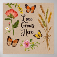 Bohemian Wildflowers, butterflies, wheat stalks