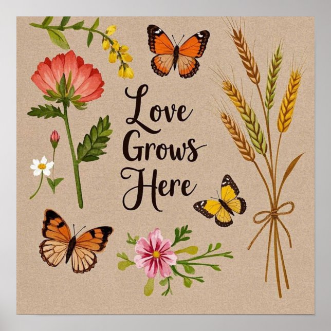 Bohemian Wildflowers, butterflies, wheat stalks Poster (Front)