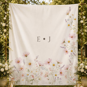 Bohemian Wildflowers Monogram Wedding Backdrop Tapestry