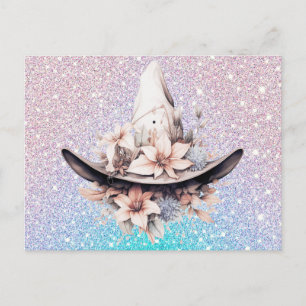 Bohemian Witches Hat Flowers Glitter Halloween Holiday Postcard