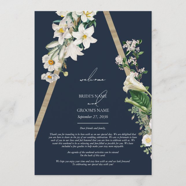 Bohemian Wood Florals Blue Wedding Itinerary Programme (Front)