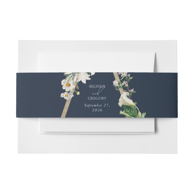 Bohemian Wood Pyramid White Florals Blue Wedding Invitation Belly Band (Front Example)