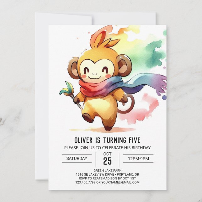 Bohemian Woodland Monkey Birthday Invitation (Front)
