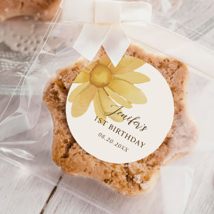 Bohemian Yellow Daisy Floral 1st Birthday Party Classic Round Sticker