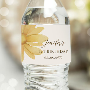 Bohemian Yellow Daisy Floral 1st Birthday Party Water Bottle Label