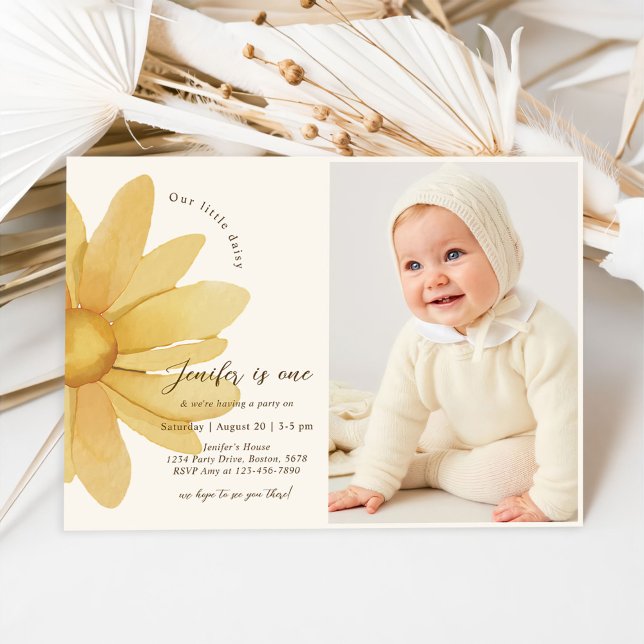 Bohemian Yellow Daisy Floral 1st Birthday Photo Invitation (Creator Uploaded)