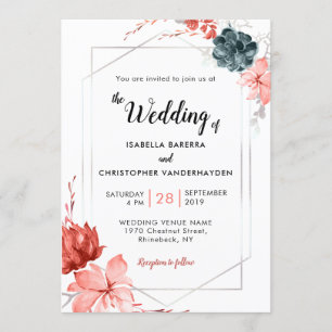 Boho 2019 Coral Floral Watercolor Wedding Invitation