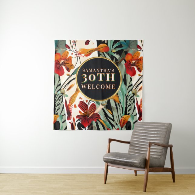 Boho 30th Birthday Welcome Sign Floral Square Tapestry (In Situ)
