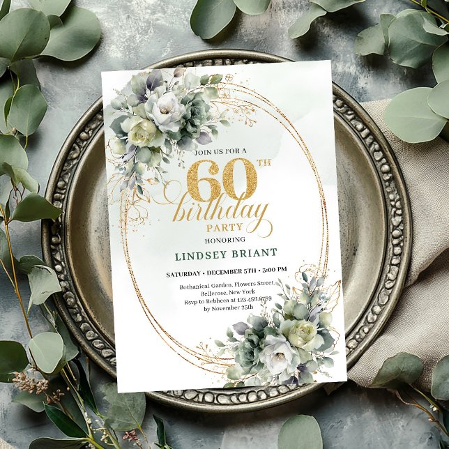 Boho 60th Birthday Dusty Green Eucalyptus Invite (This elegant watercolor greenery invitation features dusty green eucalyptus, soft foliage, and subtl)