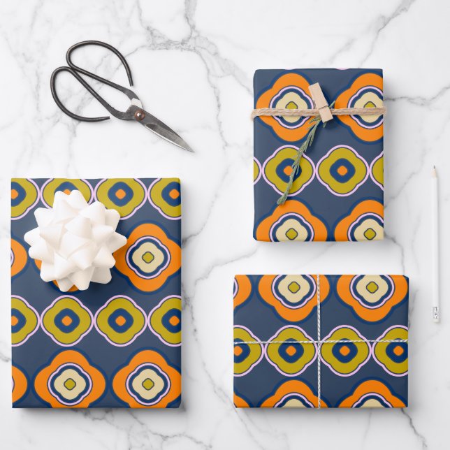 Boho 70s Retro Shapes Pattern Blue Orange Wrapping Paper Sheet (Front)