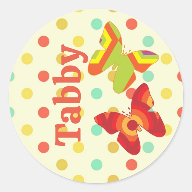 Boho 70's stripe polka dot butterfly orange classic round sticker (Front)
