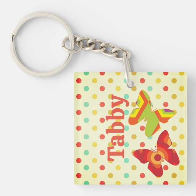 Boho 70's striped polka dot butterfly orange yello key ring (Front)