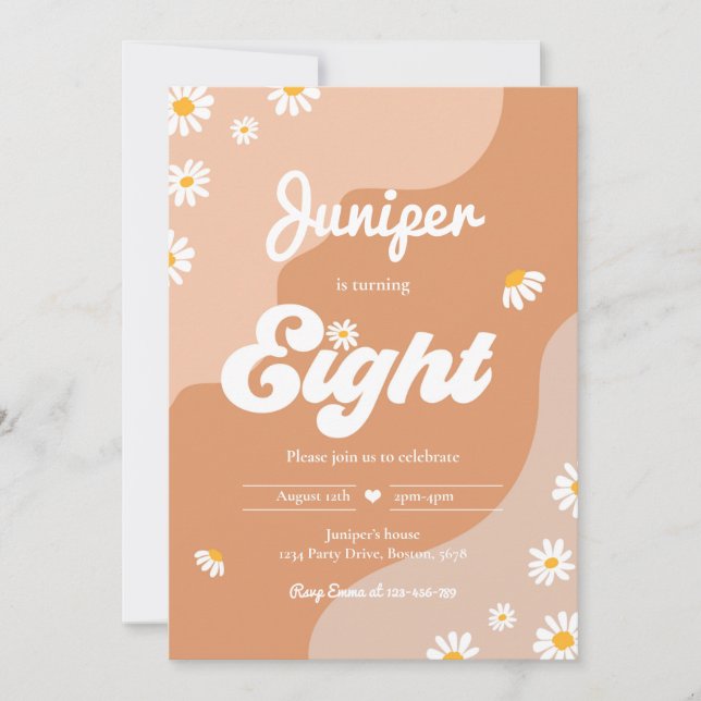 Boho 8th Birthday Daisy Floral Groovy 70's Party Invitation (Front)