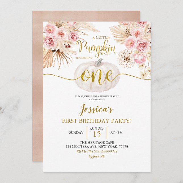Boho A Little Pumpkin Is Turning One Birthday Invitation (Front/Back)
