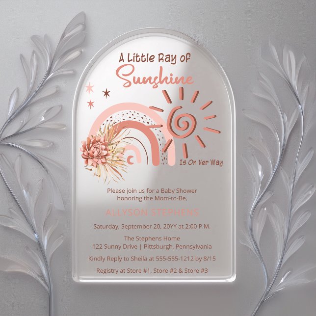 Boho A Little Ray of Sunshine Girl Baby Shower Acrylic Invitations (Boho "A Little Ray of Sunshine" Girl Baby Shower Acrylic Invitations)