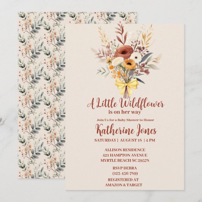Boho A Little Wildflower Girl Baby Shower   Invitation (Front/Back)