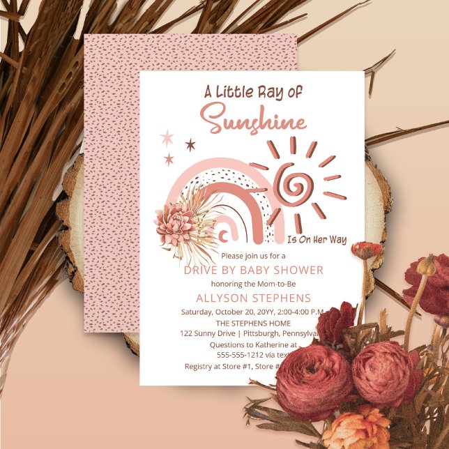 Boho A Ray of Sunshine Drive By Girl Baby Shower Invitation (Creator Uploaded)