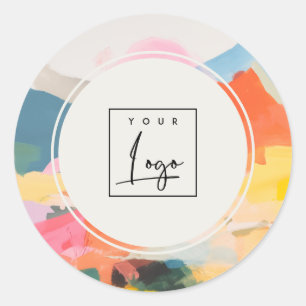 Boho Abstarct Moutain Landscape Pink Blue Logo Classic Round Sticker