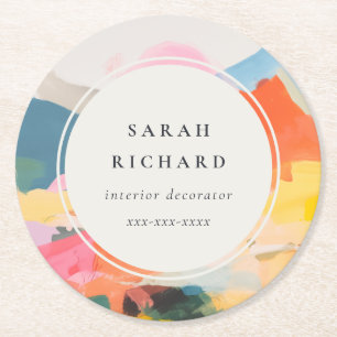 Boho Abstarct Moutain Landscape Pink Blue Orange Round Paper Coaster