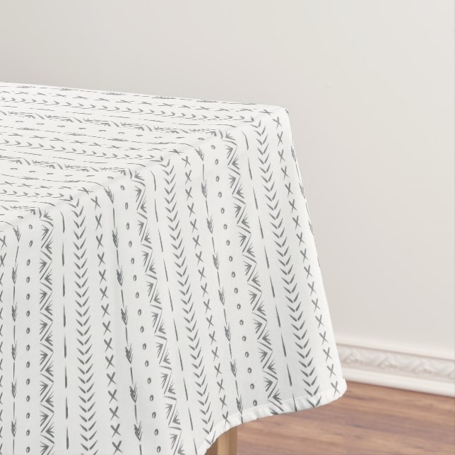 Boho Abstract Arrow Stripe Geometric White Grey Tablecloth (In Situ)