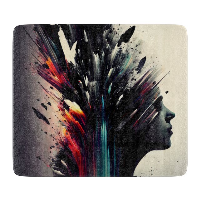 Boho abstract art with girl face cutting board (Front)