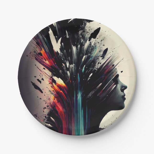 Boho abstract art with girl face paper plate (Front)