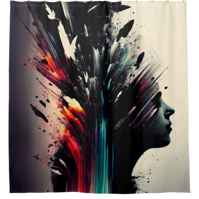 Boho abstract art with girl face shower curtain (Front)