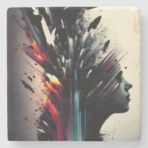 Boho abstract art with girl face stone coaster