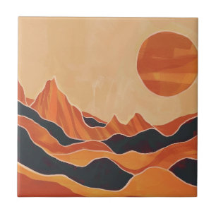 Boho Abstract Desert Landscape with Sun Minimalist Tile