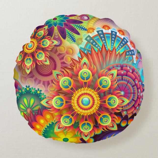 Boho abstract flower round cushion (Front)
