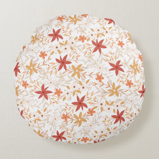 Boho abstract flowers harvest gold rust bone round cushion (Front)