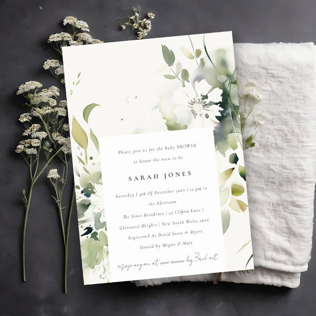 Boho Abstract Green White Floral Baby Shower Invitation (Creator Uploaded)