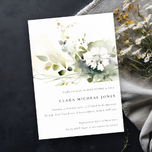 Boho Abstract Green White Floral Baby Shower Invitation