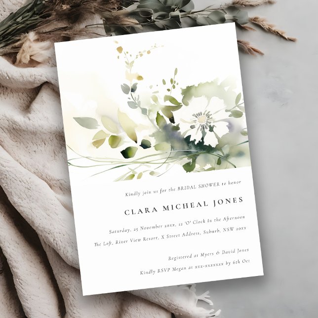 Boho Abstract Green White Floral Bridal Shower Invitation (Creator Uploaded)