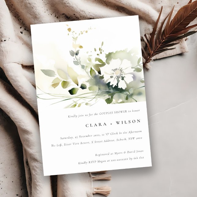 Boho Abstract Green White Floral Couples Shower Invitation (Creator Uploaded)