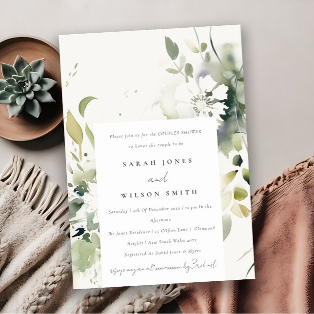 Boho Abstract Green White Floral Couples Shower Invitation (Creator Uploaded)