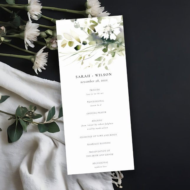 Boho Abstract Green White Floral Wedding Program Invitation (Creator Uploaded)