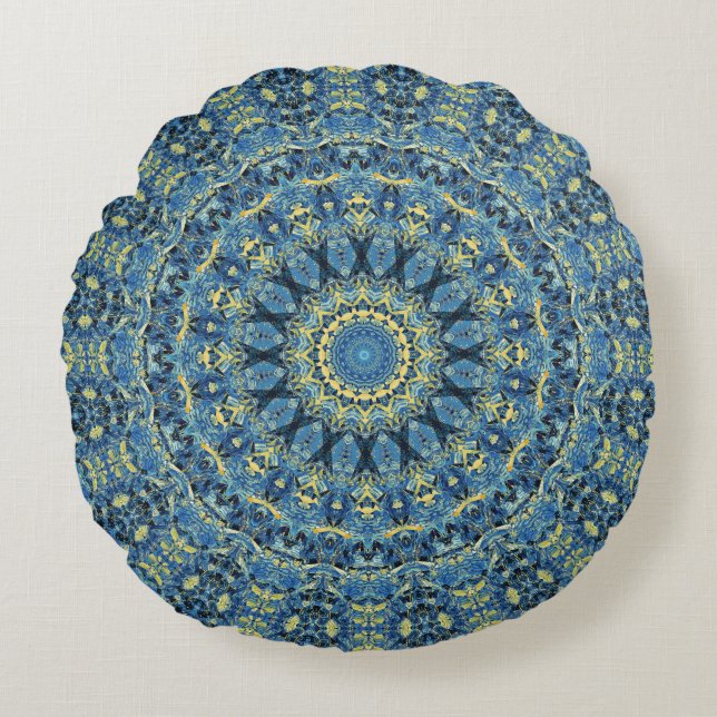 Boho Abstract Groovy Van Gogh Starry Night Mandala Round Cushion (Front)