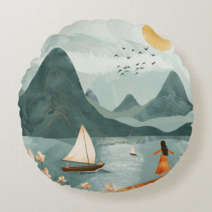 Boho Abstract Landscape (11) Round Cushion